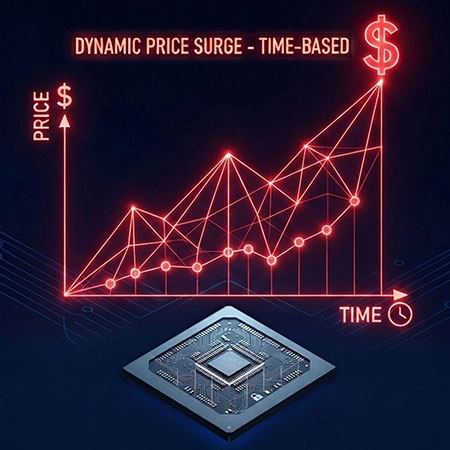 A close-up image of a semiconductor chip overlaid with a rising red graph that increases over time, symbolizing dynamic, time-based price escalation across the semiconductor market. The upward trend represents growing component costs driven by AI demand, supply constraints, capacity allocation, and ongoing market volatility.