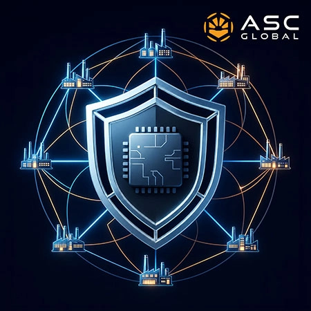 Shield protecting a central semiconductor, surrounded by interconnected manufacturing facilities, representing ASC Global’s proactive risk mitigation, market intelligence, and advanced global sourcing strategies to secure critical components and maintain uninterrupted production.