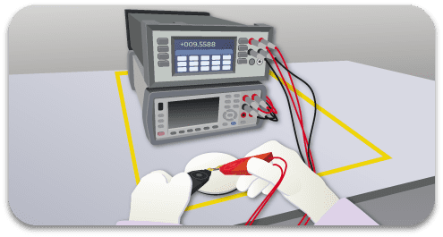 Image of an engineer performing an electrical test on a microchip. The engineer is using precision instruments to measure the chip's performance, focusing on ensuring its electrical properties meet required standards. The graphic highlights the detailed and technical nature of testing microchips in a controlled environment.