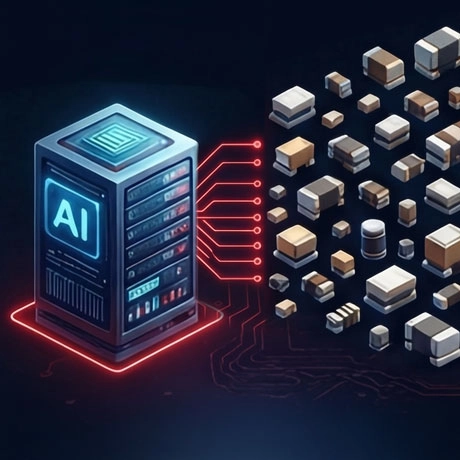 ti_shortage_blogpost_image_01 AI server surrounded by thousands of MLCCs, illustrating how AI infrastructure demand is absorbing available multilayer ceramic capacitor supply.