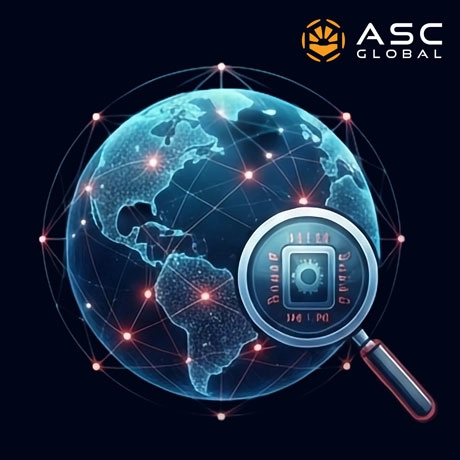 ti_shortage_blogpost_image_04 Earth globe with a magnifying glass focusing on a microchip, representing ASC Global’s global sourcing solutions for bypassing extended Texas Instruments lead times and capacitor shortages through component sourcing, BOM analysis, custom stocking, and quality assurance.