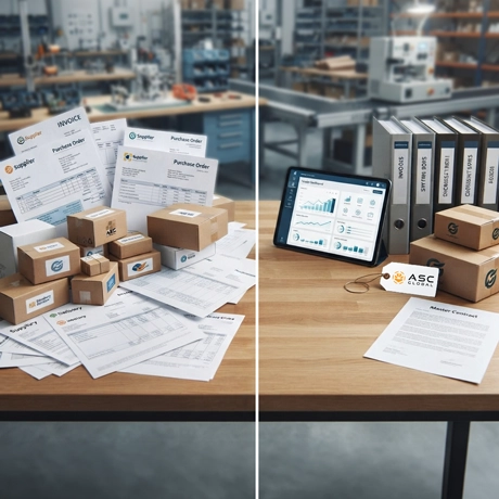 Desk divided into two sides: the left shows disorganized documents, packages, and purchasing paperwork, while the right shows neatly organized documents and packages, illustrating how vendor consolidation simplifies MRO and industrial purchasing, invoicing, sourcing, and supply-chain management.