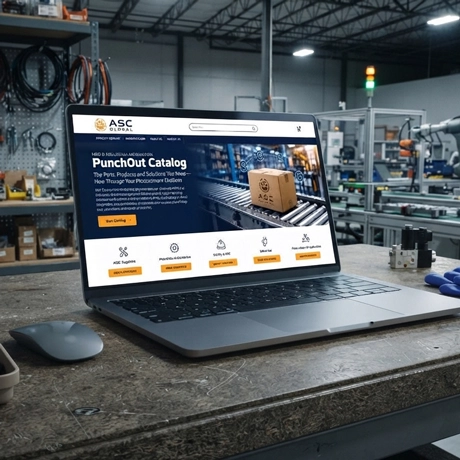 Procurement professional using a centralized digital PunchOut catalog to search for MRO and industrial products, connect purchasing with enterprise procurement systems, and streamline contract-based purchasing and requisitions.