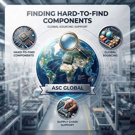 Procurement professional searching for a hard-to-find MRO component among documents, product boxes, and supplier information, illustrating strategic sourcing for obsolete, discontinued, allocated, and limited-availability parts.